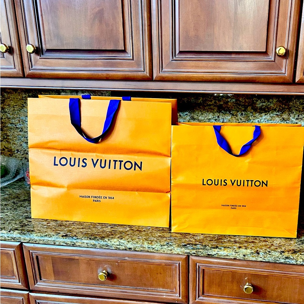 TWO AUTHENTIC LV LOUIS VUITTON ORANGE PAPER SHOPPING TOTE BAGS LARGE AND MEDIUM